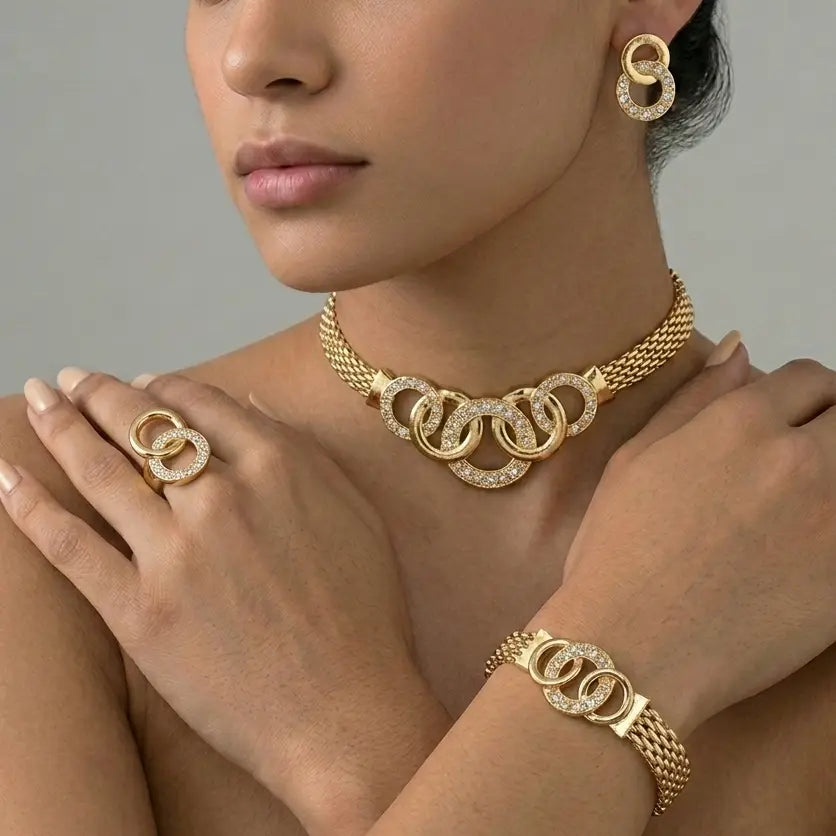 Set dorado bijou colgante + pulsera + aros + anillo