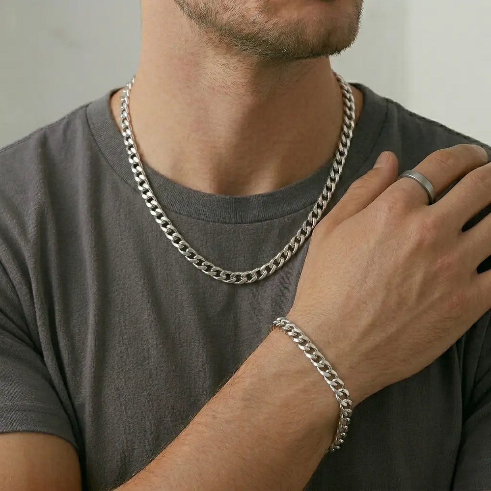 Set plateado bijou cadena + pulsera + anillo