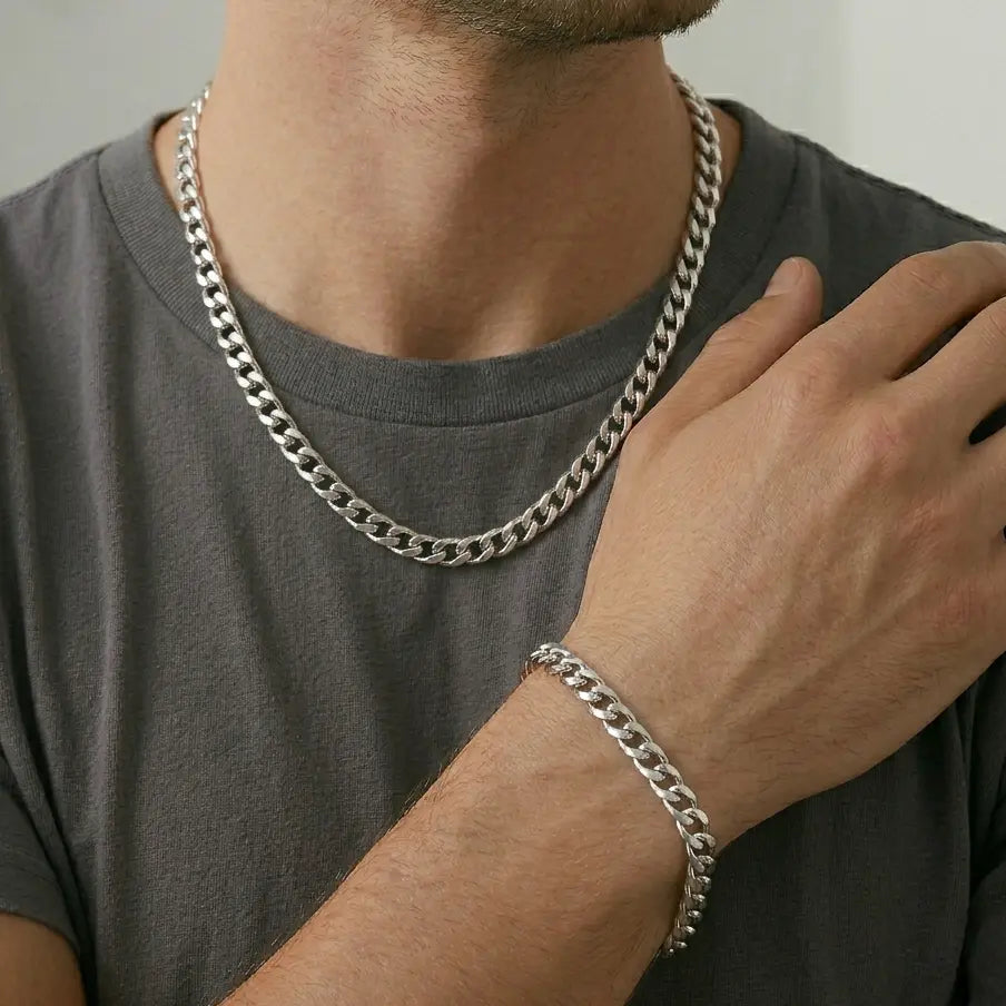 Set plateado bijou cadena + pulsera