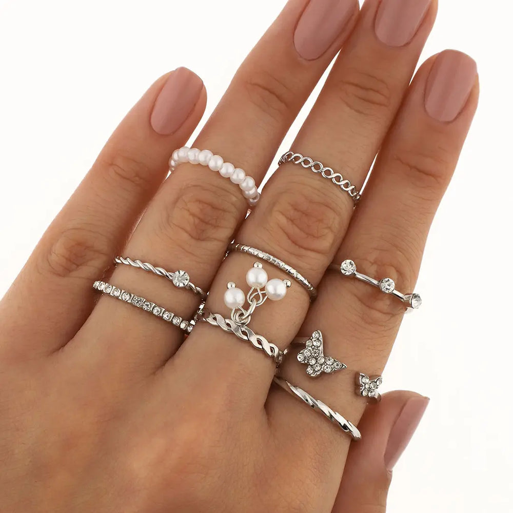 Set plateado bijou 9 anillos
